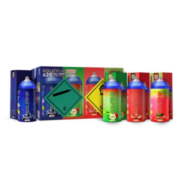 GOLD WHIP N2O 200G / 0.3L MINI TANKS WATERMELON+STRAWBERRY+BLUEBERRY+APPLE CHARGER 20CT/ BOX