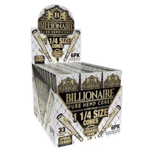BILLIONAIRE SPIRAL DESIGN UNBLEACHED ORGANIC HEMP 1-1/4 SIZE CONES 6PK 33CT/ BOX